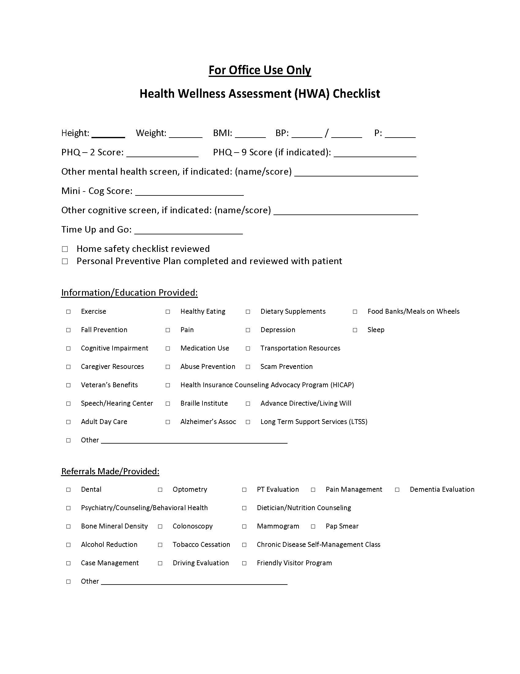 19. b For Office Use Only Health Wellness Assessment HWA